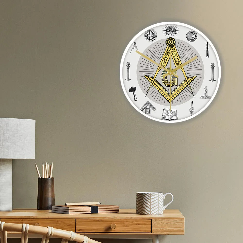 The Masonic Exchange White Square Compass Masonic Symbols Wall Clock Freemason Fancy Home Decor Clock Silent Quartz Wall Watch