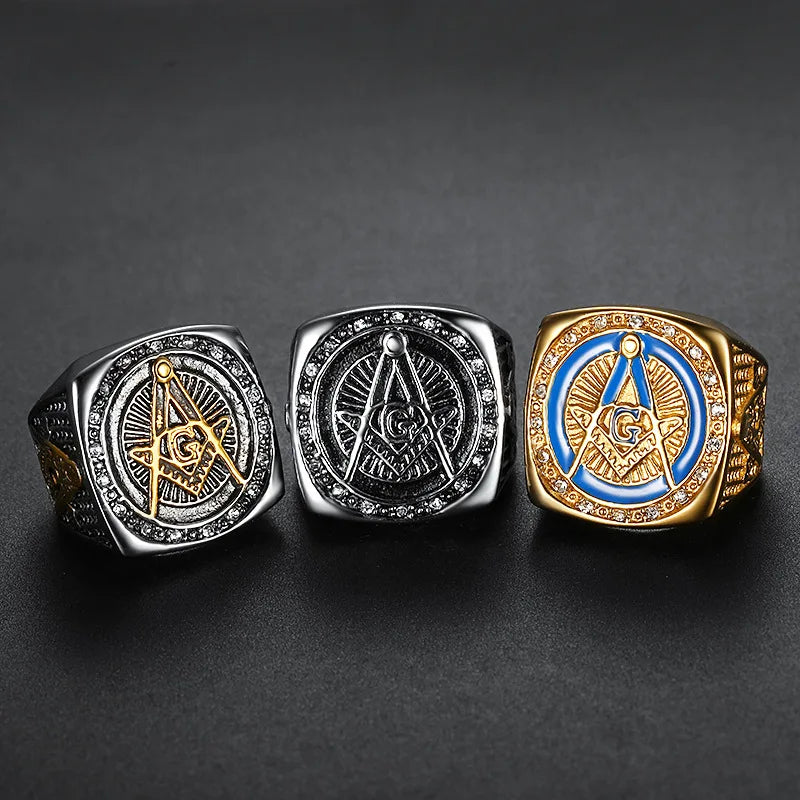 Fashion Rhinestone Masonic Ring Stainless Steel Charm Jewelry Exquisite Mason Freemason Women Men Ring SMR0012