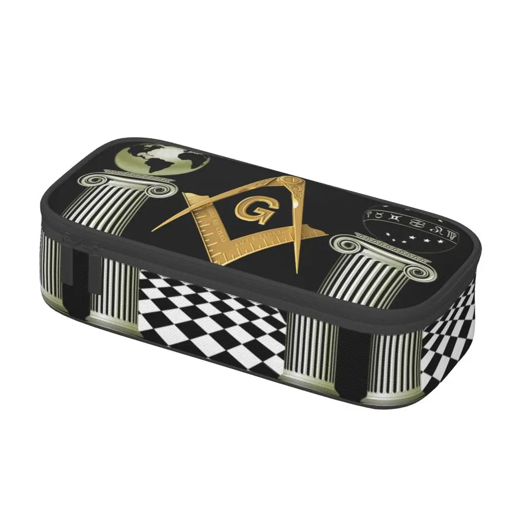 Custom Cute Gold Square Compass Masonic Freemason Pencil Cases for Freemasonry Mason Pencil Pouch School Accessories