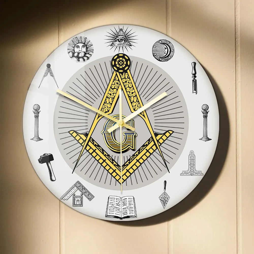 The Masonic Exchange White Square Compass Masonic Symbols Wall Clock Freemason Fancy Home Decor Clock Silent Quartz Wall Watch
