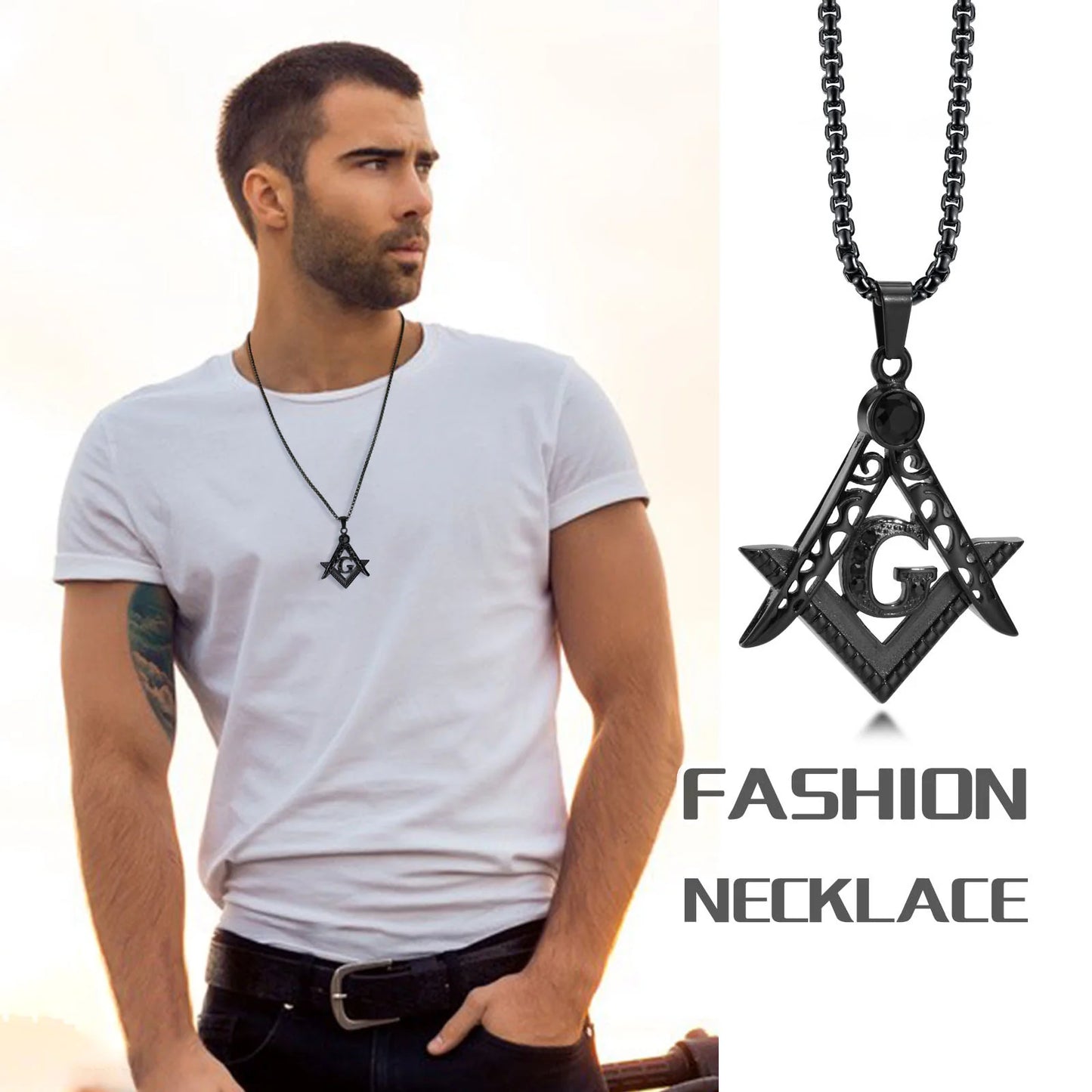 Masonic G Freemasonry Crest Necklace, Men Neclace, Stainless Steel Mason Masonic Symbol Pendant for Men Jewlery