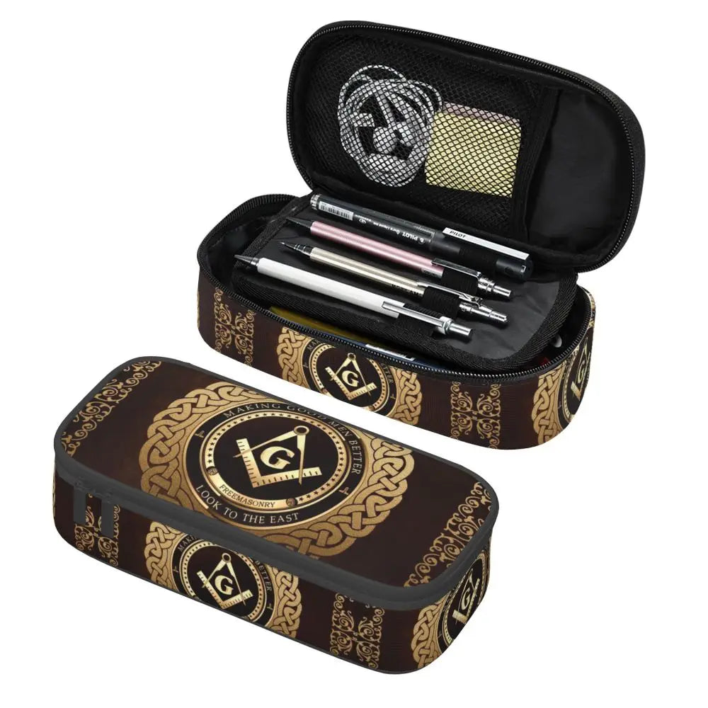 Custom Cute Gold Square Compass Masonic Freemason Pencil Cases for Freemasonry Mason Pencil Pouch School Accessories