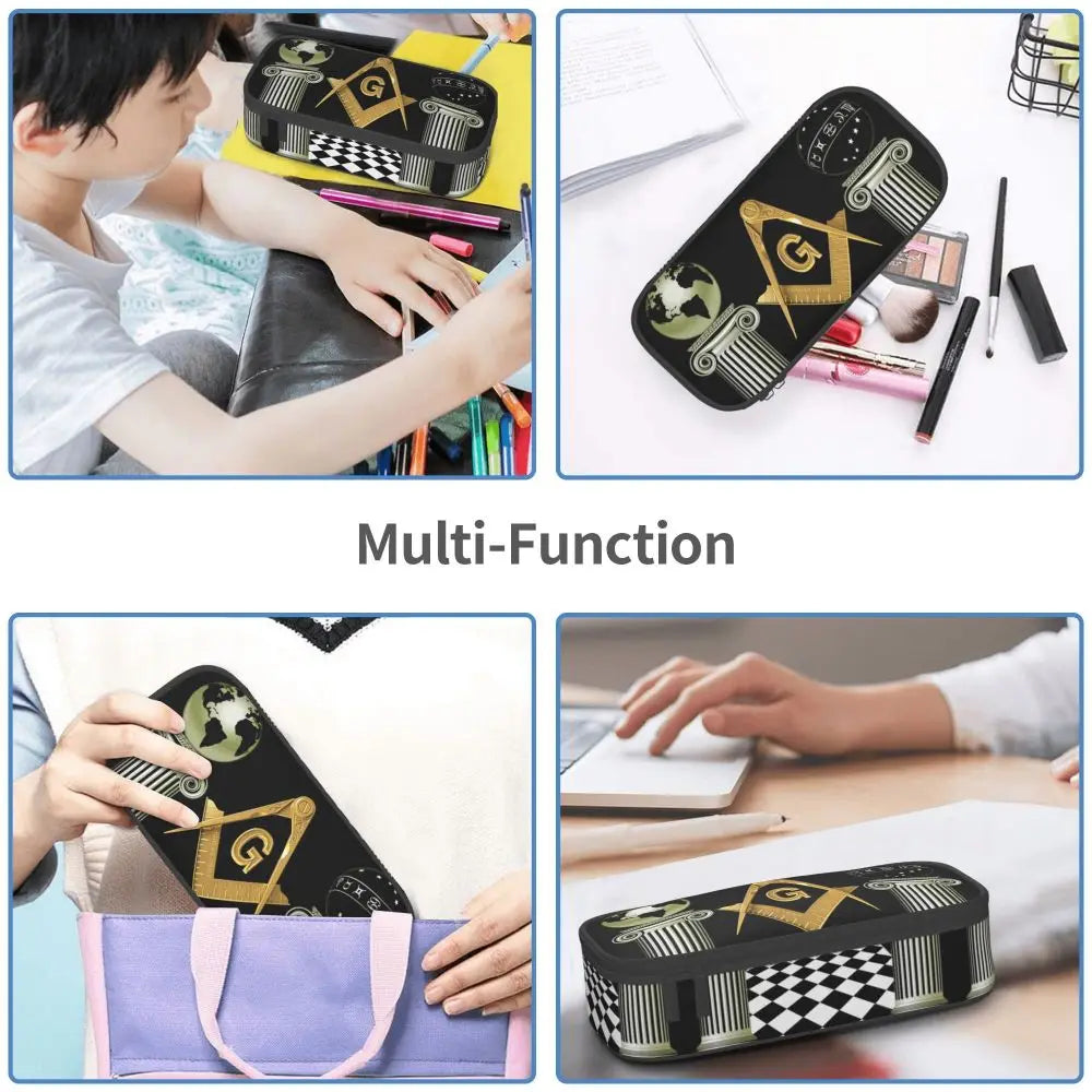 Custom Cute Gold Square Compass Masonic Freemason Pencil Cases for Freemasonry Mason Pencil Pouch School Accessories