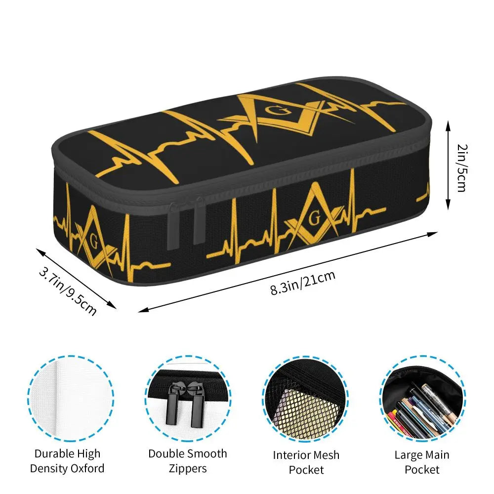 Custom Cute Gold Square Compass Masonic Freemason Pencil Cases for Freemasonry Mason Pencil Pouch School Accessories