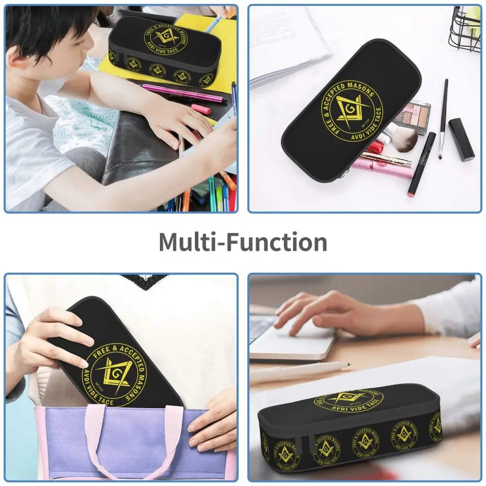 Custom Cute Gold Square Compass Masonic Freemason Pencil Cases for Freemasonry Mason Pencil Pouch School Accessories