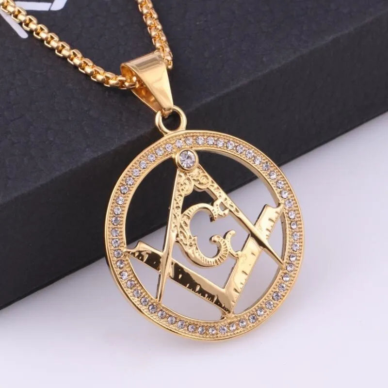 AG Masonic Round Men's Necklace Sliding Crystal Inlaid Pendant Metal Necklace Accessories Party Jewelry