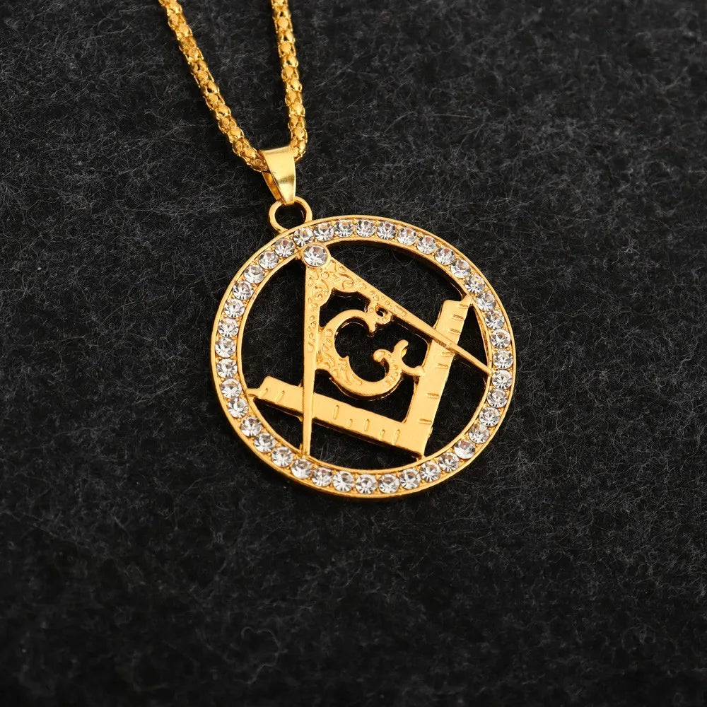 AG Masonic Round Men's Necklace Sliding Crystal Inlaid Pendant Metal Necklace Accessories Party Jewelry