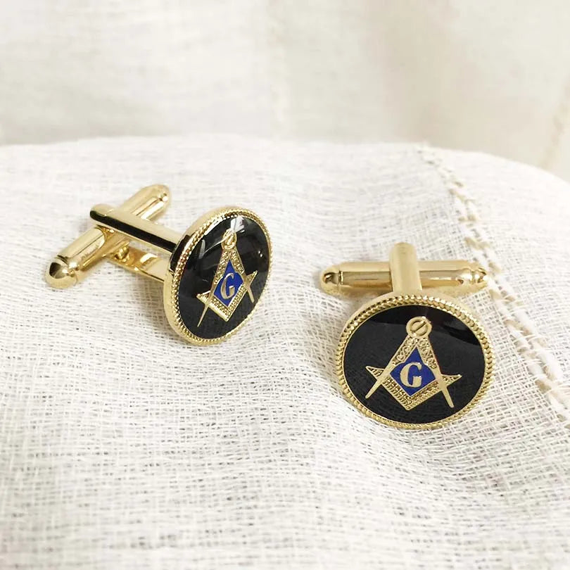 Black Round Shape Enamel Cufflinks Masonic Freemason Square and Compass Free Mason Men Enamel Cuff Links Masonry Sleeve Button