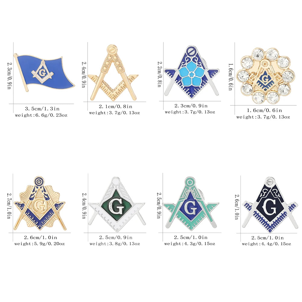 8 Styles Classic Masonic Symbols Design Enamel Pins Freemason Emblem Flag Shaped Golden Brooches