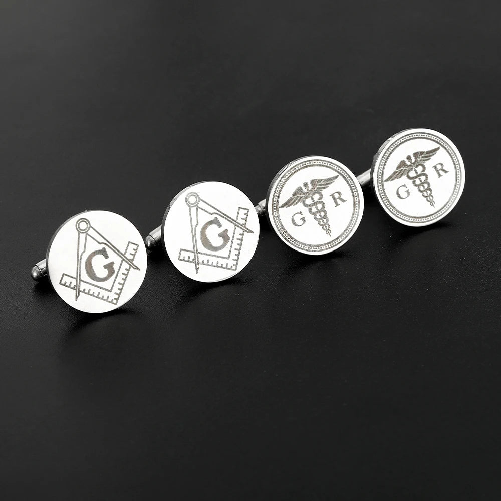 Asclepius Caduceus Masonic Legal Balance Symbol Pattern Mens Stainless Steel Cufflinks