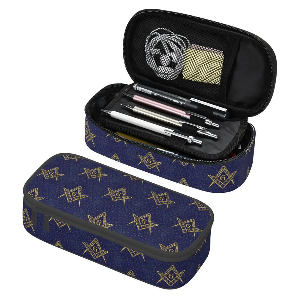 Custom Cute Gold Square Compass Masonic Freemason Pencil Cases for Freemasonry Mason Pencil Pouch School Accessories