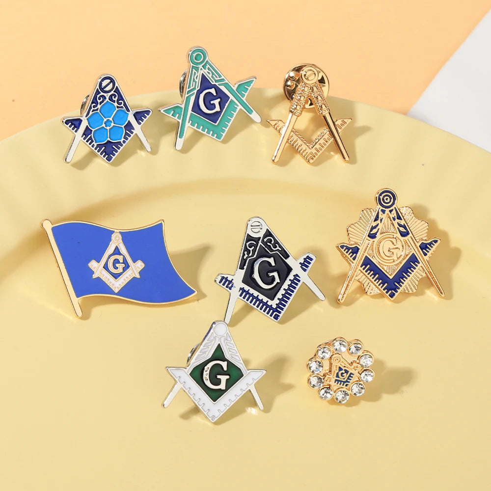 8 Styles Classic Masonic Symbols Design Enamel Pins Freemason Emblem Flag Shaped Golden Brooches