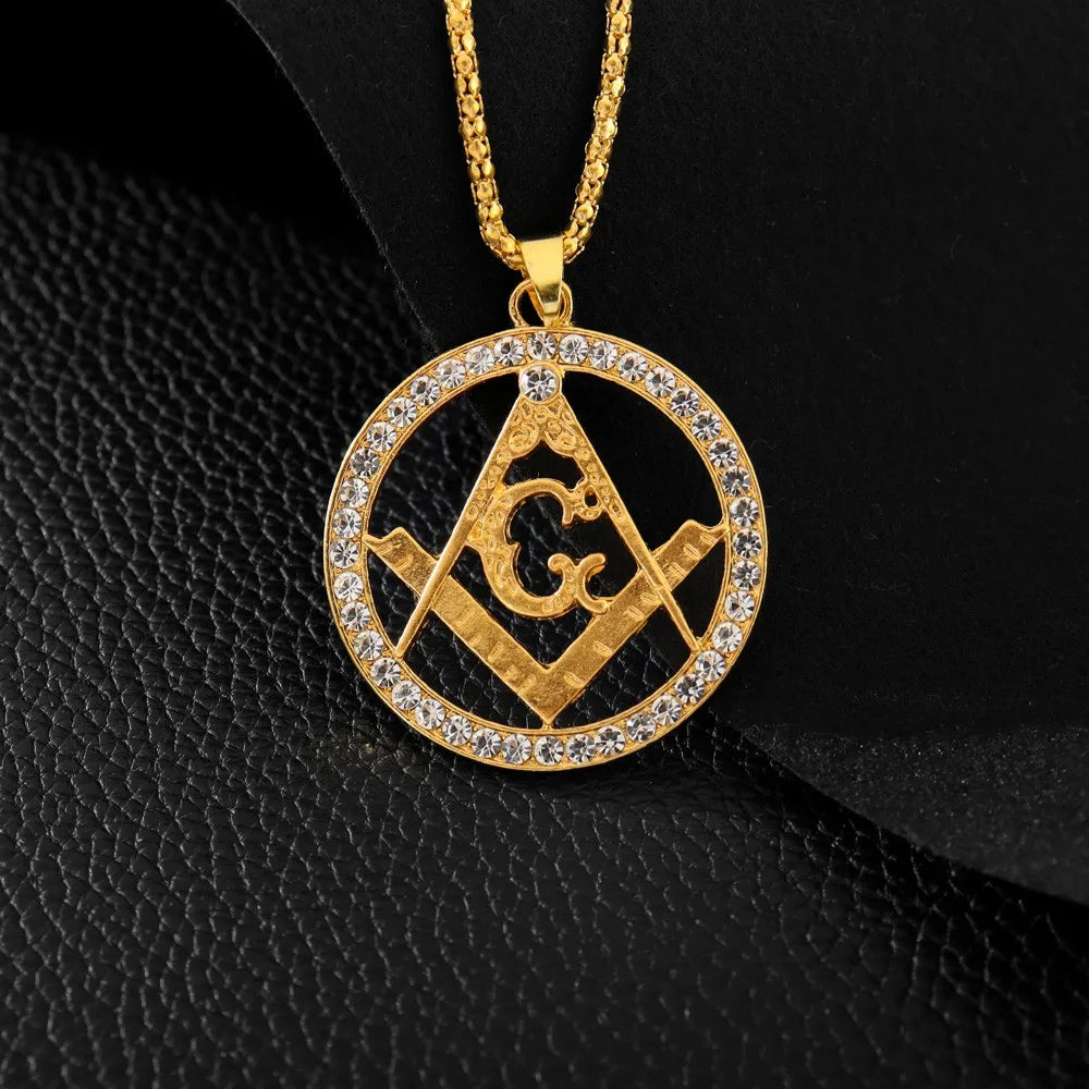 AG Masonic Round Men's Necklace Sliding Crystal Inlaid Pendant Metal Necklace Accessories Party Jewelry