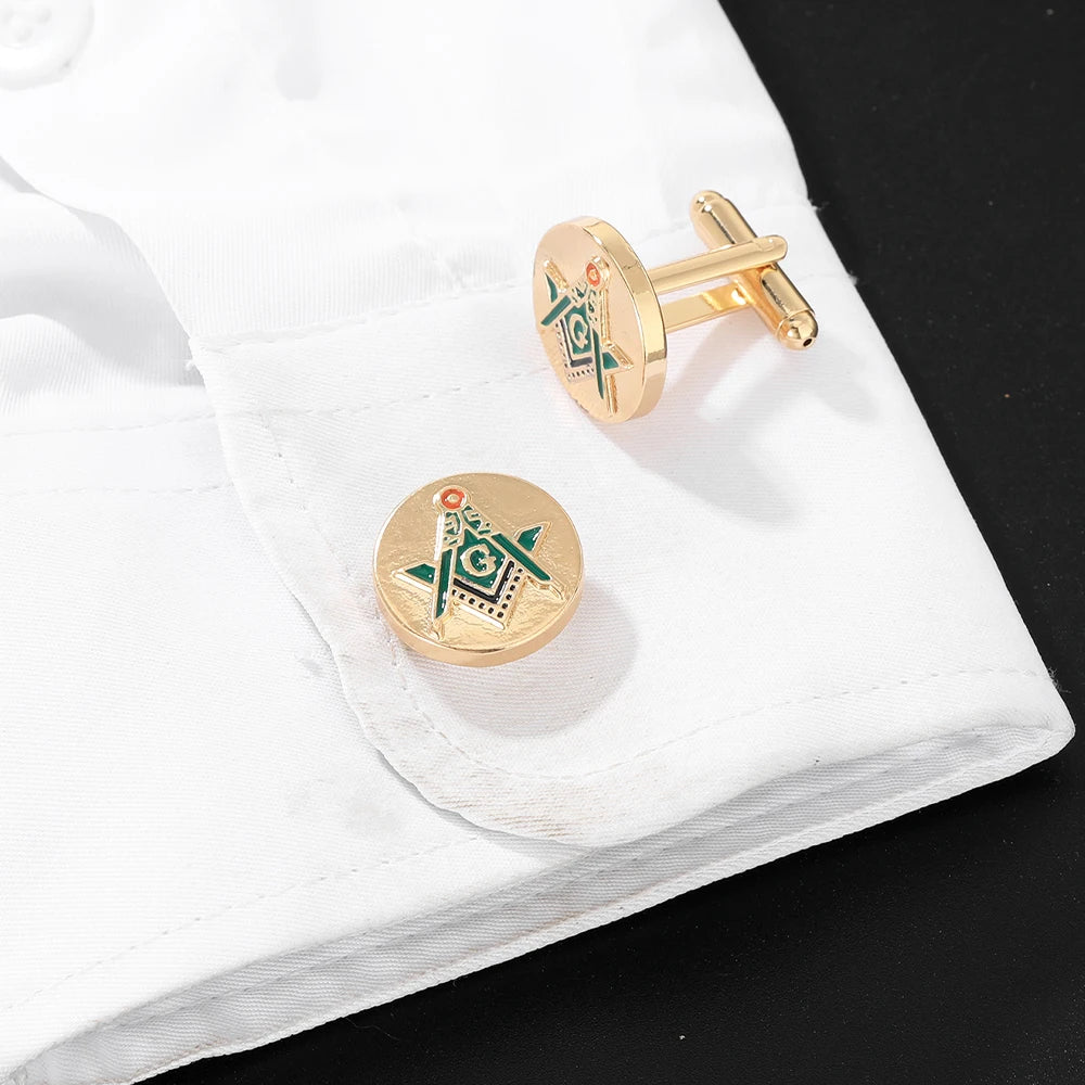 Classic Silvery Mens Masonic Symbols Pattern Square Cufflinks Red And Green Colors Freemason Emblem Round Sleeve Button