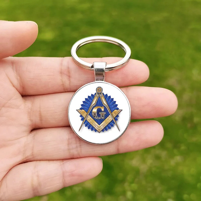 Free Mason Keychain Glass Cabochon Pendant Freemason Symbol Charm Masonic Accessories for Men Women Keychains Bag Keyring Gift