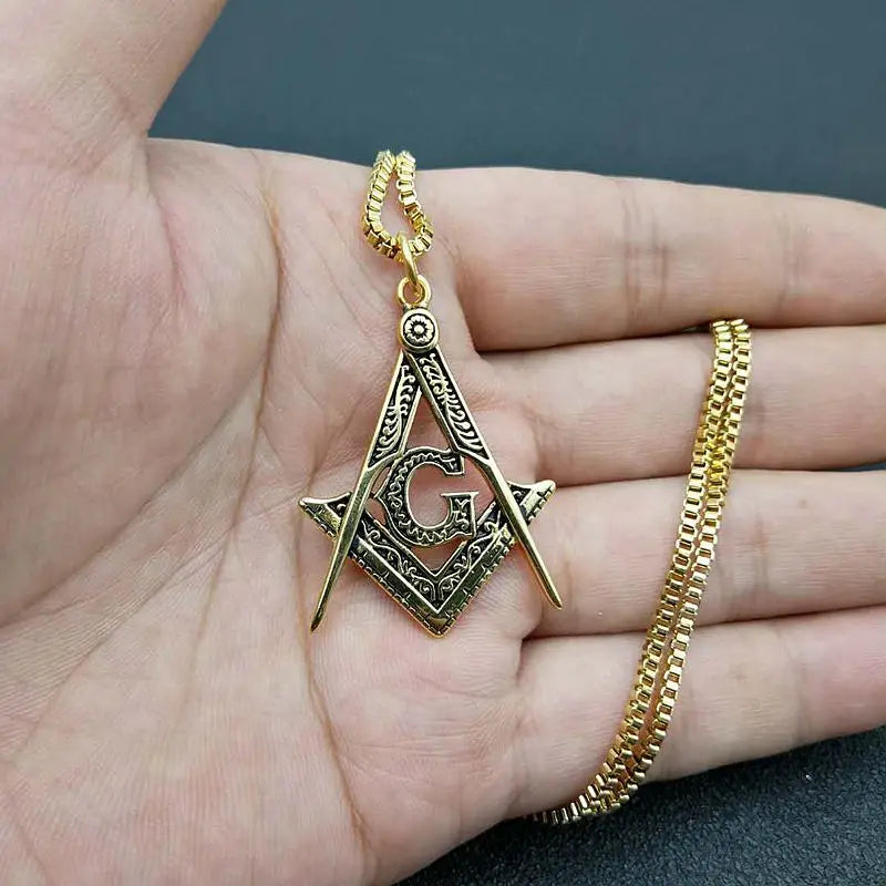 Men's Gold color Masonic Symbol Pendant Necklace 316L Stainless Steel Fashion Punk Retro Freemason Pendant