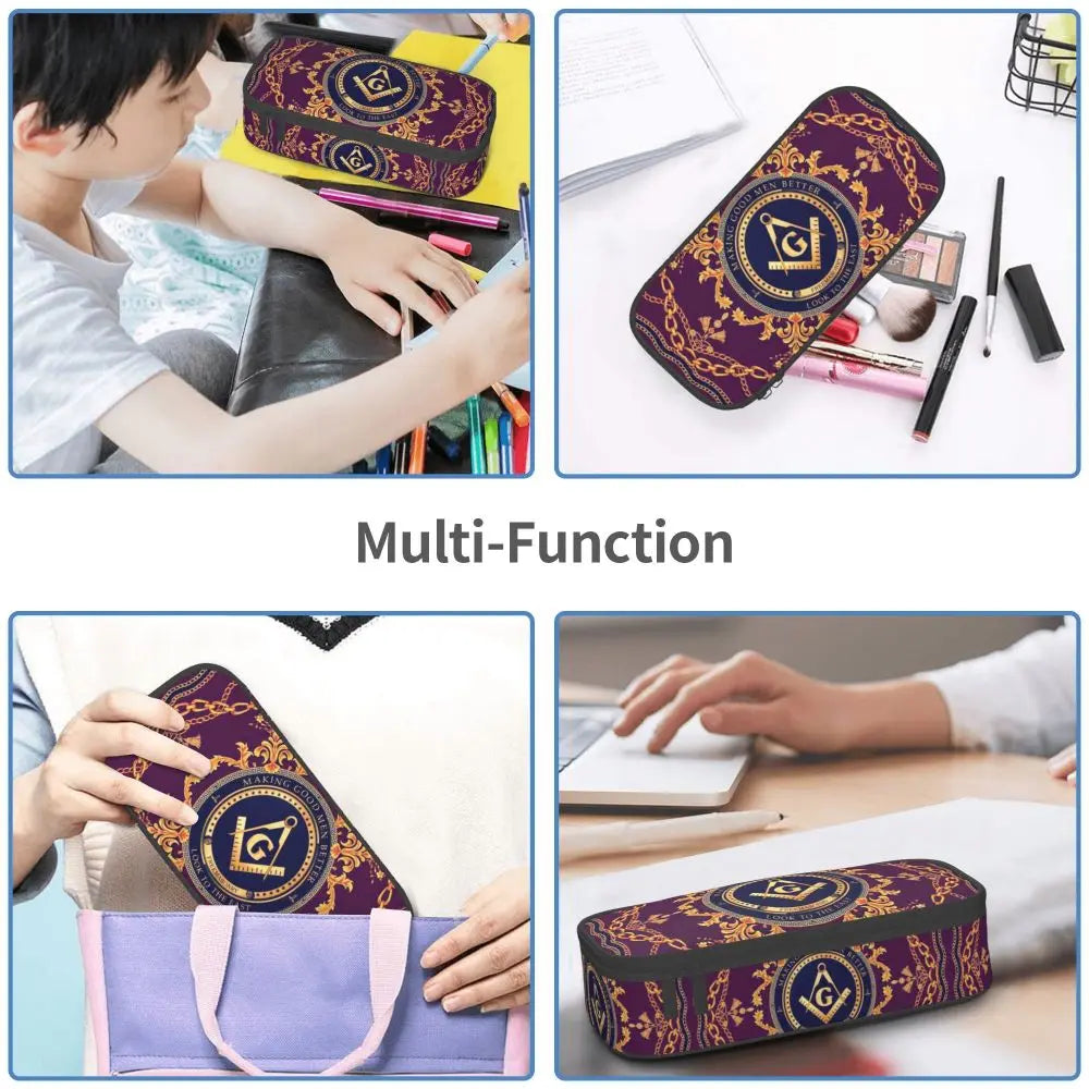 Custom Cute Gold Square Compass Masonic Freemason Pencil Cases for Freemasonry Mason Pencil Pouch School Accessories