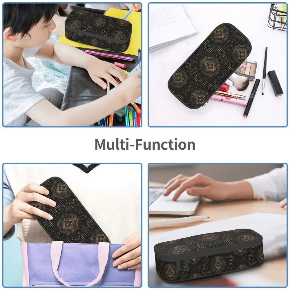 Custom Cute Gold Square Compass Masonic Freemason Pencil Cases for Freemasonry Mason Pencil Pouch School Accessories