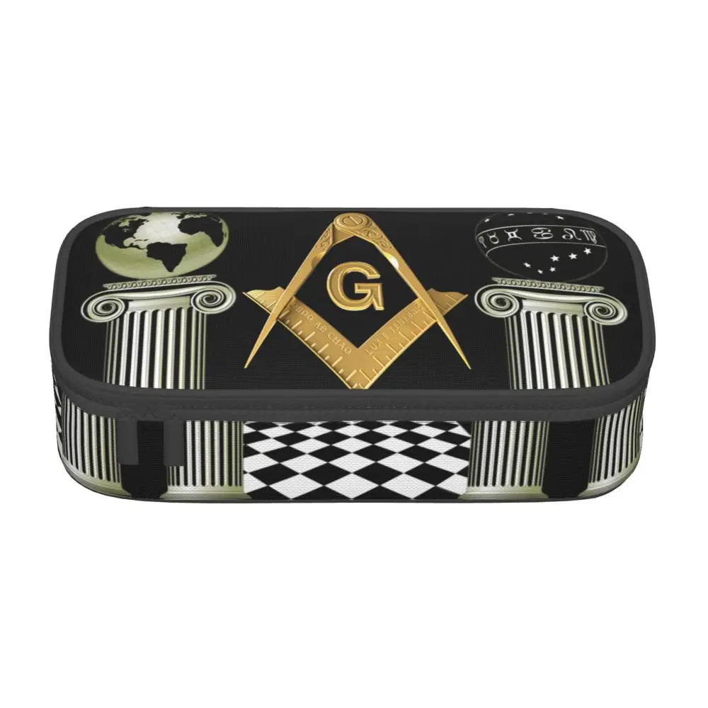 Custom Cute Gold Square Compass Masonic Freemason Pencil Cases for Freemasonry Mason Pencil Pouch School Accessories