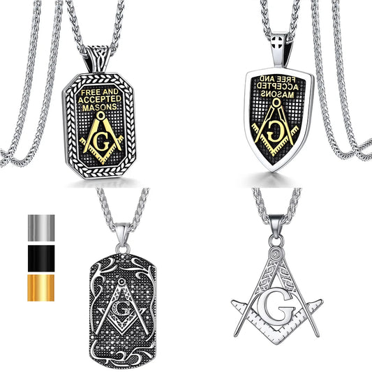ChainsPro Stainless Steel Masonic Necklacs Freemason Compass G Symbol Rectangle Tag Gold Color Black Masons Icon Unisex Jewelry