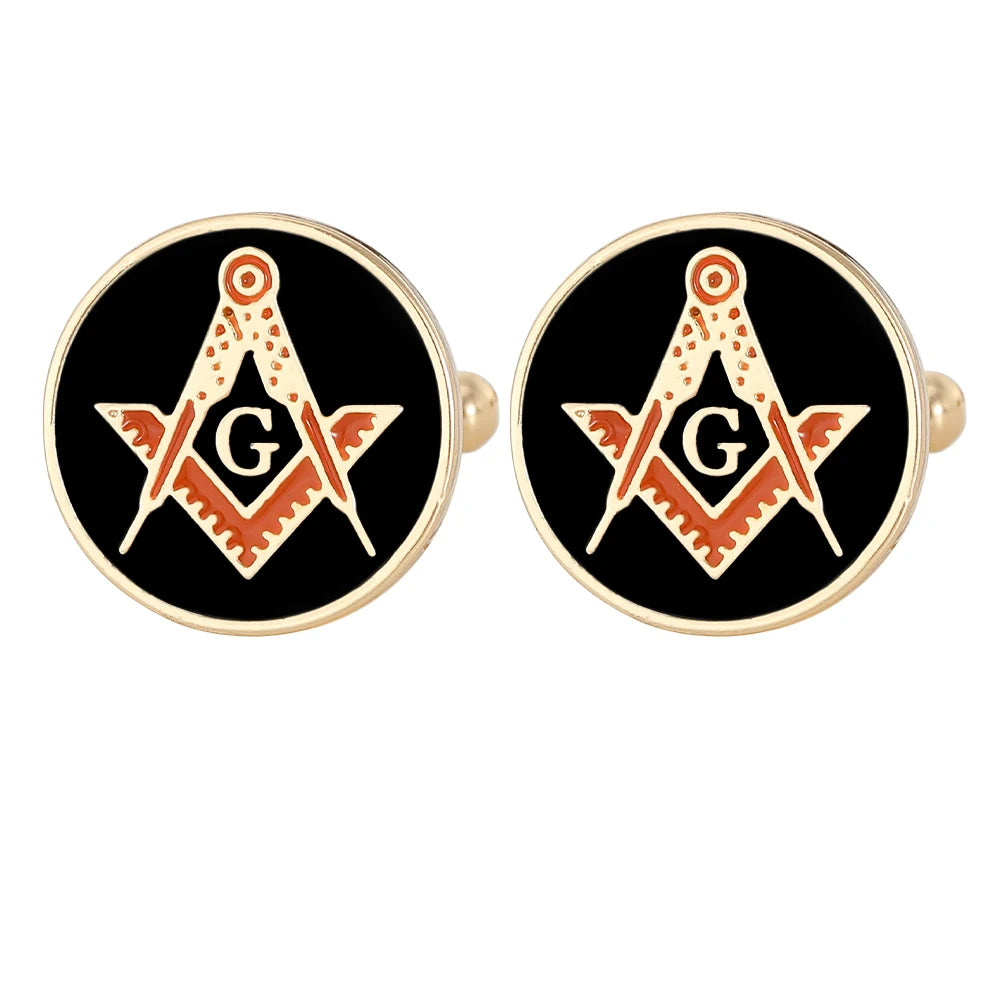 Classic Silvery Mens Masonic Symbols Pattern Square Cufflinks Red And Green Colors Freemason Emblem Round Sleeve Button