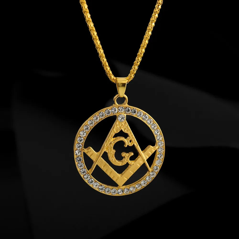 AG Masonic Round Men's Necklace Sliding Crystal Inlaid Pendant Metal Necklace Accessories Party Jewelry