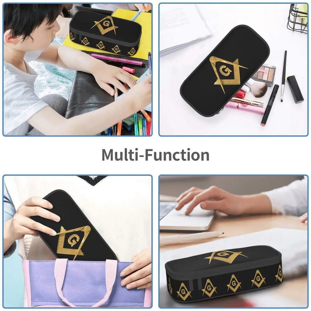 Custom Cute Gold Square Compass Masonic Freemason Pencil Cases for Freemasonry Mason Pencil Pouch School Accessories