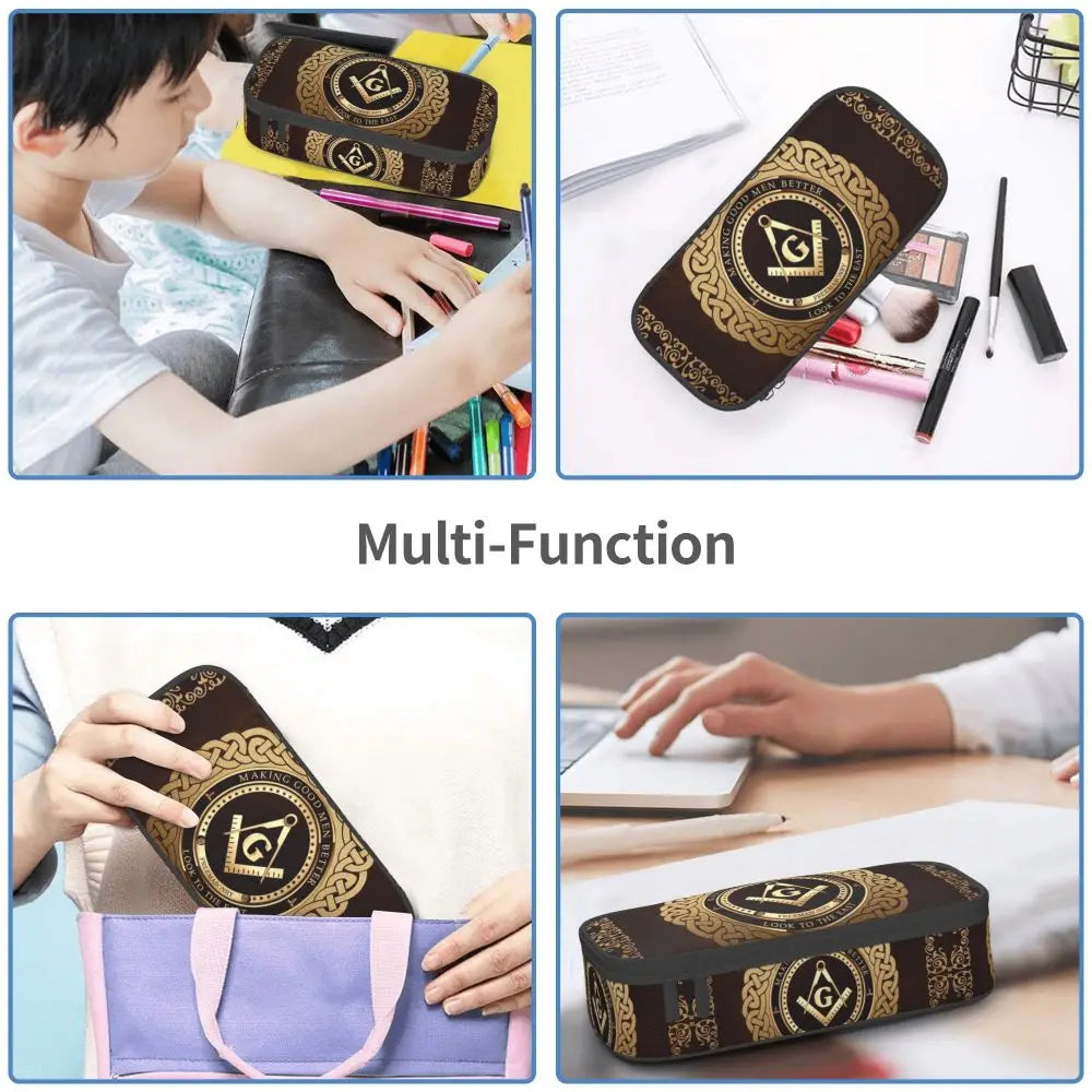 Custom Cute Gold Square Compass Masonic Freemason Pencil Cases for Freemasonry Mason Pencil Pouch School Accessories
