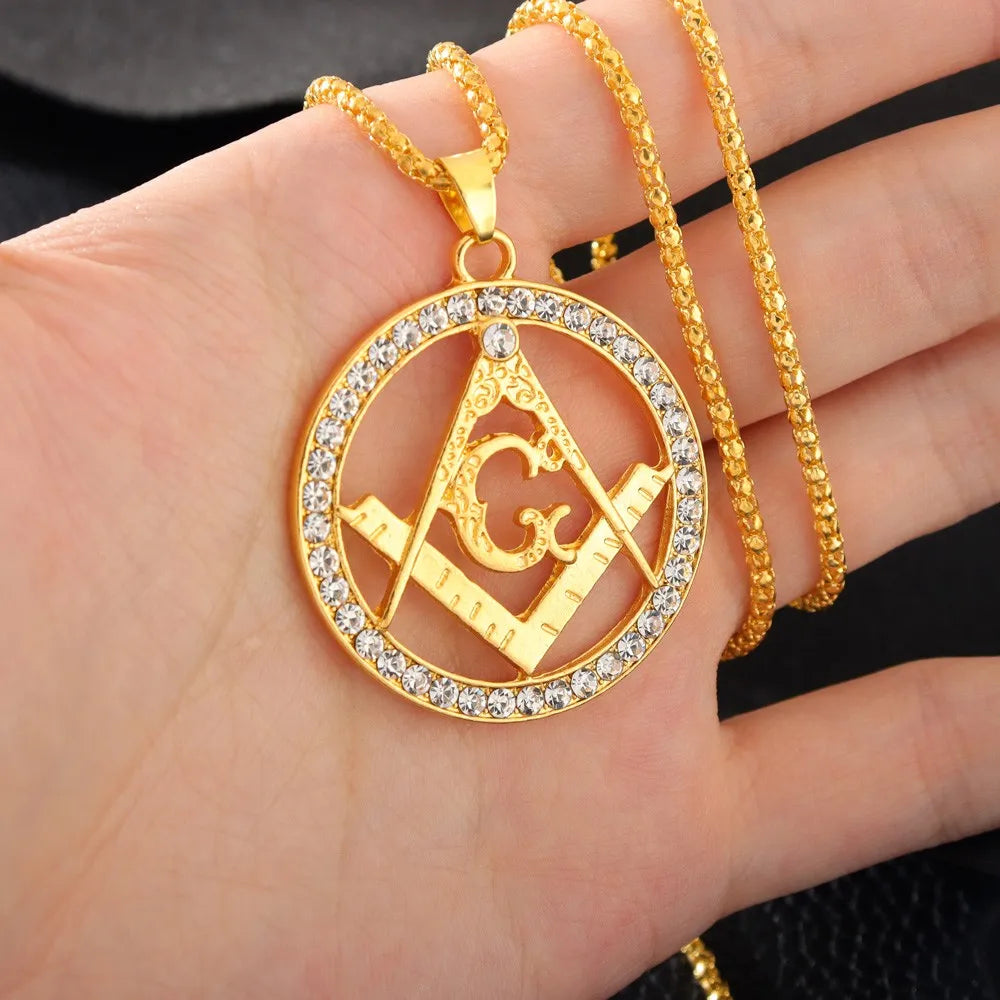 AG Masonic Round Men's Necklace Sliding Crystal Inlaid Pendant Metal Necklace Accessories Party Jewelry
