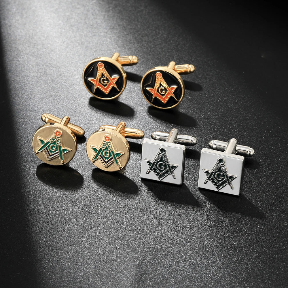 Classic Silvery Mens Masonic Symbols Pattern Square Cufflinks Red And Green Colors Freemason Emblem Round Sleeve Button