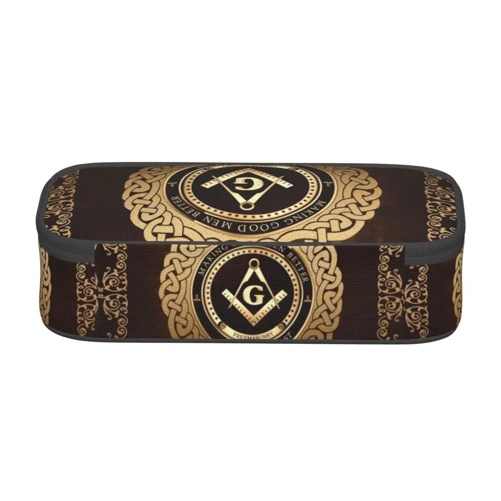 Custom Cute Gold Square Compass Masonic Freemason Pencil Cases for Freemasonry Mason Pencil Pouch School Accessories