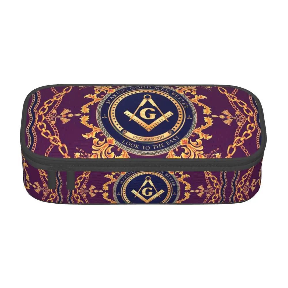 Custom Cute Gold Square Compass Masonic Freemason Pencil Cases for Freemasonry Mason Pencil Pouch School Accessories