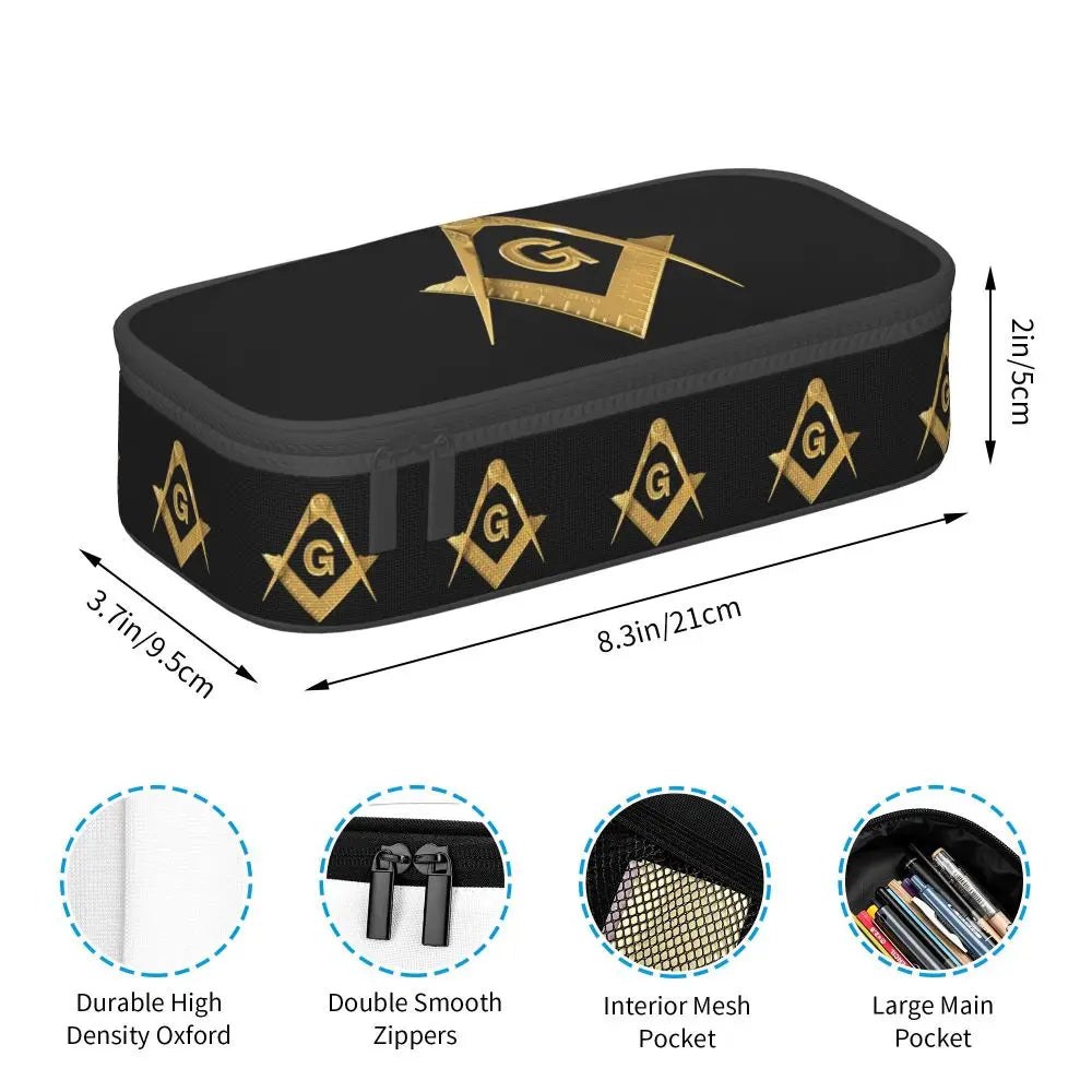 Custom Cute Gold Square Compass Masonic Freemason Pencil Cases for Freemasonry Mason Pencil Pouch School Accessories