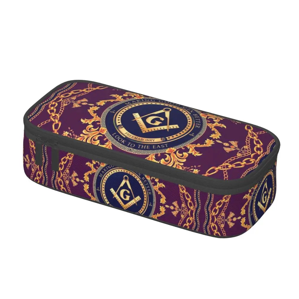 Custom Cute Gold Square Compass Masonic Freemason Pencil Cases for Freemasonry Mason Pencil Pouch School Accessories
