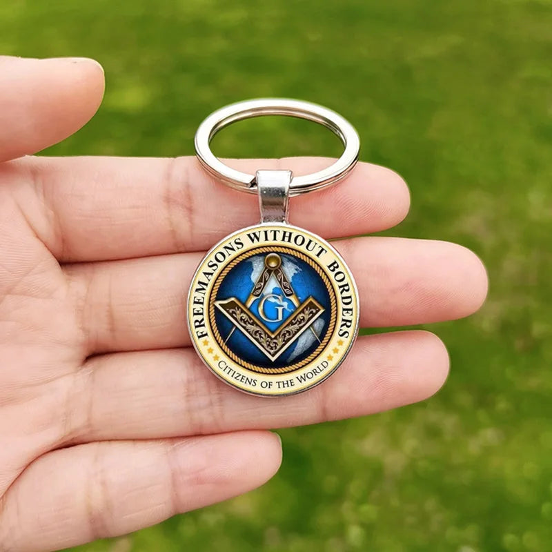 Free Mason Keychain Glass Cabochon Pendant Freemason Symbol Charm Masonic Accessories for Men Women Keychains Bag Keyring Gift