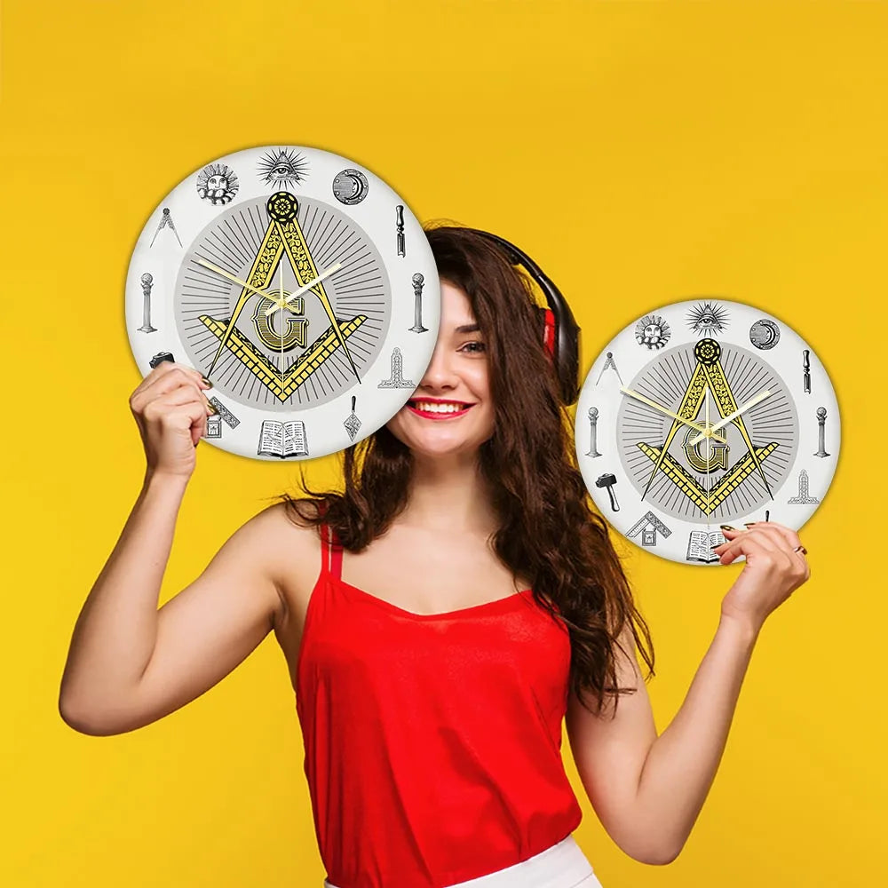 The Masonic Exchange White Square Compass Masonic Symbols Wall Clock Freemason Fancy Home Decor Clock Silent Quartz Wall Watch