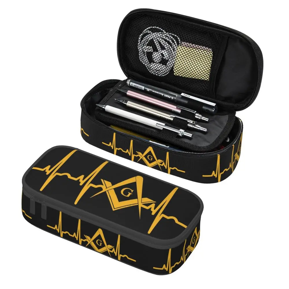 Custom Cute Gold Square Compass Masonic Freemason Pencil Cases for Freemasonry Mason Pencil Pouch School Accessories