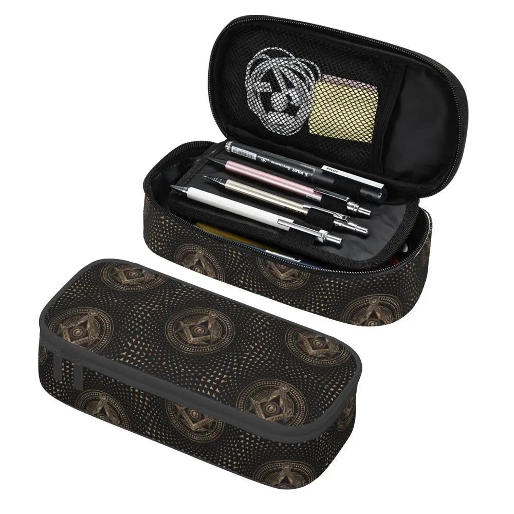 Custom Cute Gold Square Compass Masonic Freemason Pencil Cases for Freemasonry Mason Pencil Pouch School Accessories
