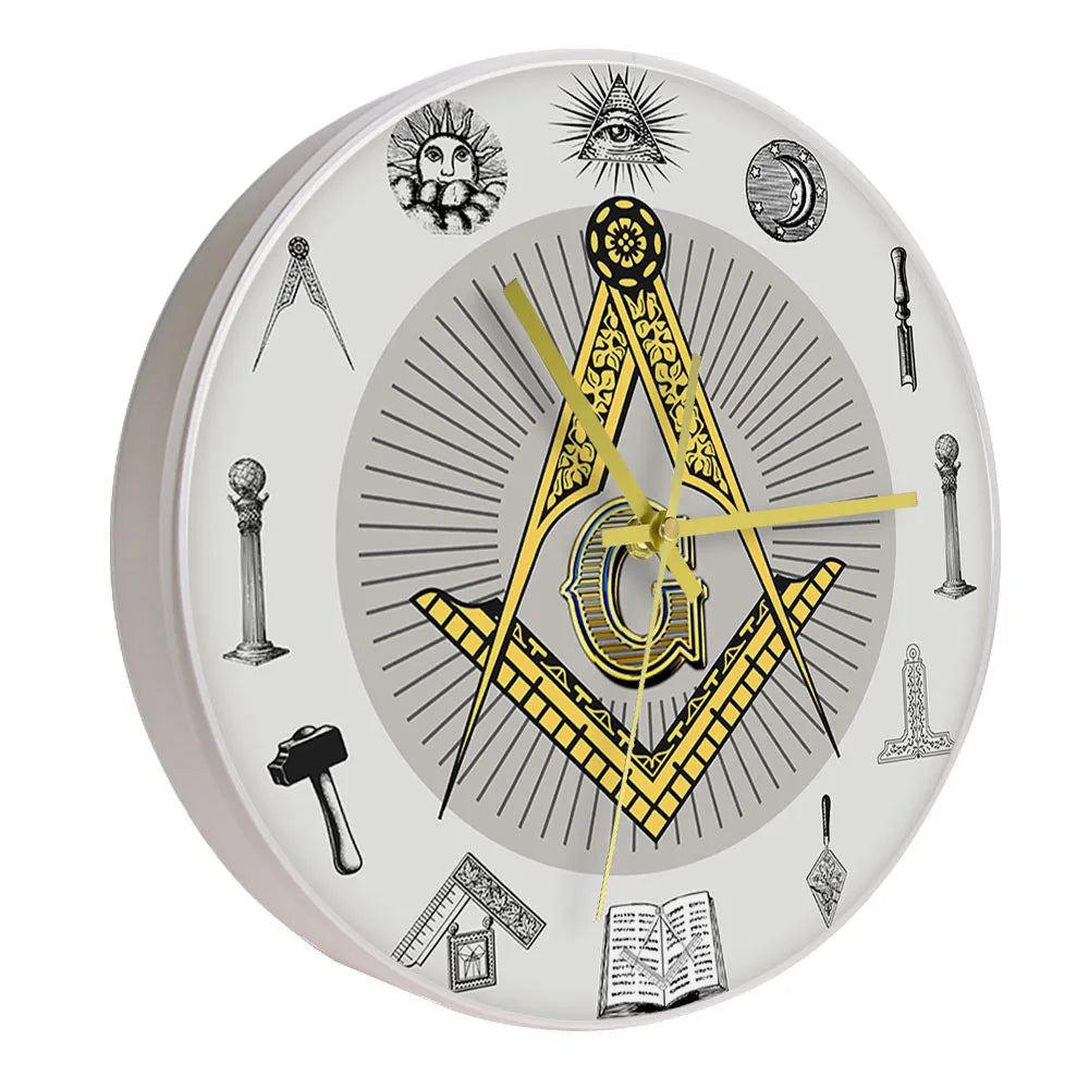 The Masonic Exchange White Square Compass Masonic Symbols Wall Clock Freemason Fancy Home Decor Clock Silent Quartz Wall Watch