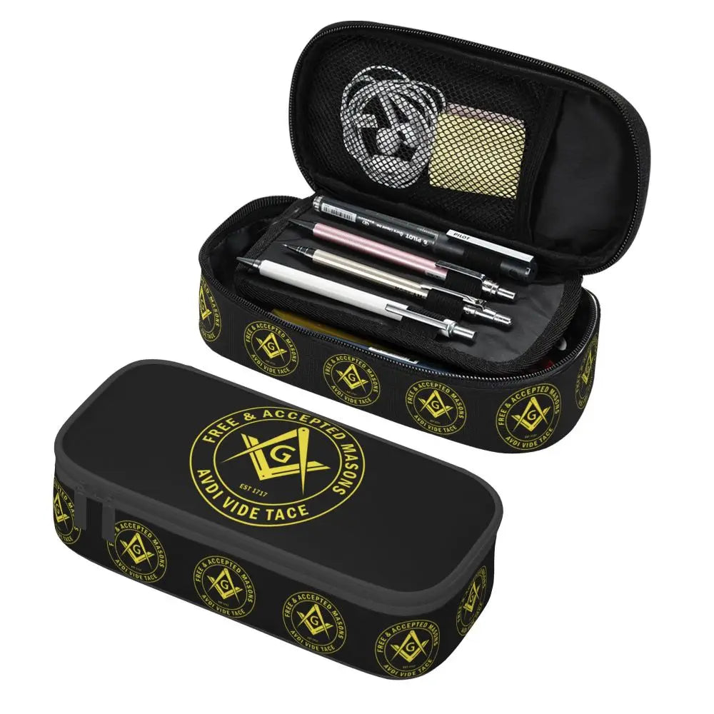 Custom Cute Gold Square Compass Masonic Freemason Pencil Cases for Freemasonry Mason Pencil Pouch School Accessories