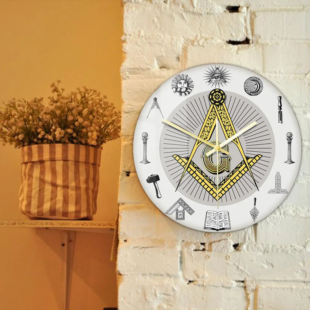 The Masonic Exchange White Square Compass Masonic Symbols Wall Clock Freemason Fancy Home Decor Clock Silent Quartz Wall Watch