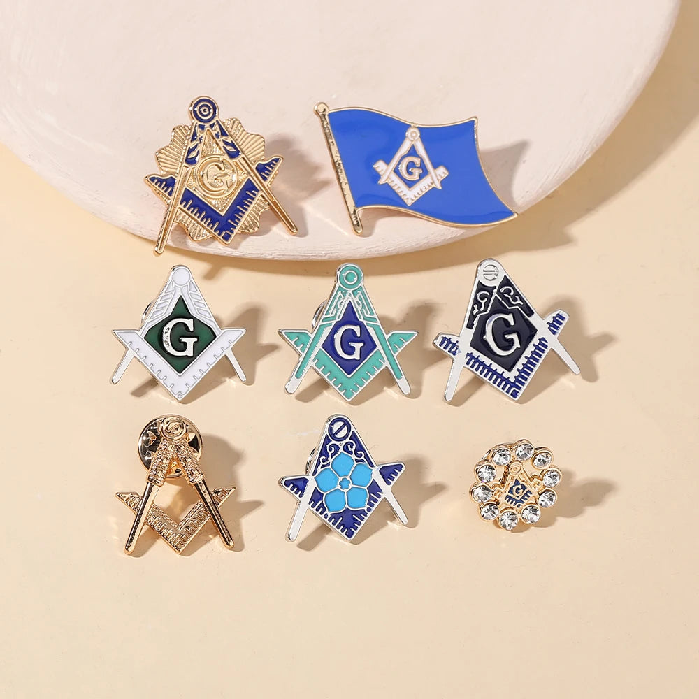 8 Styles Classic Masonic Symbols Design Enamel Pins Freemason Emblem Flag Shaped Golden Brooches