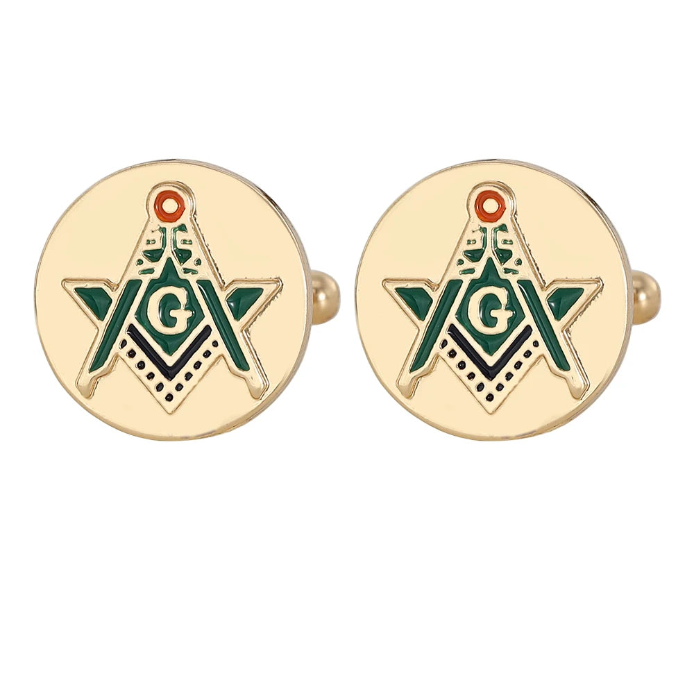 Classic Silvery Mens Masonic Symbols Pattern Square Cufflinks Red And Green Colors Freemason Emblem Round Sleeve Button