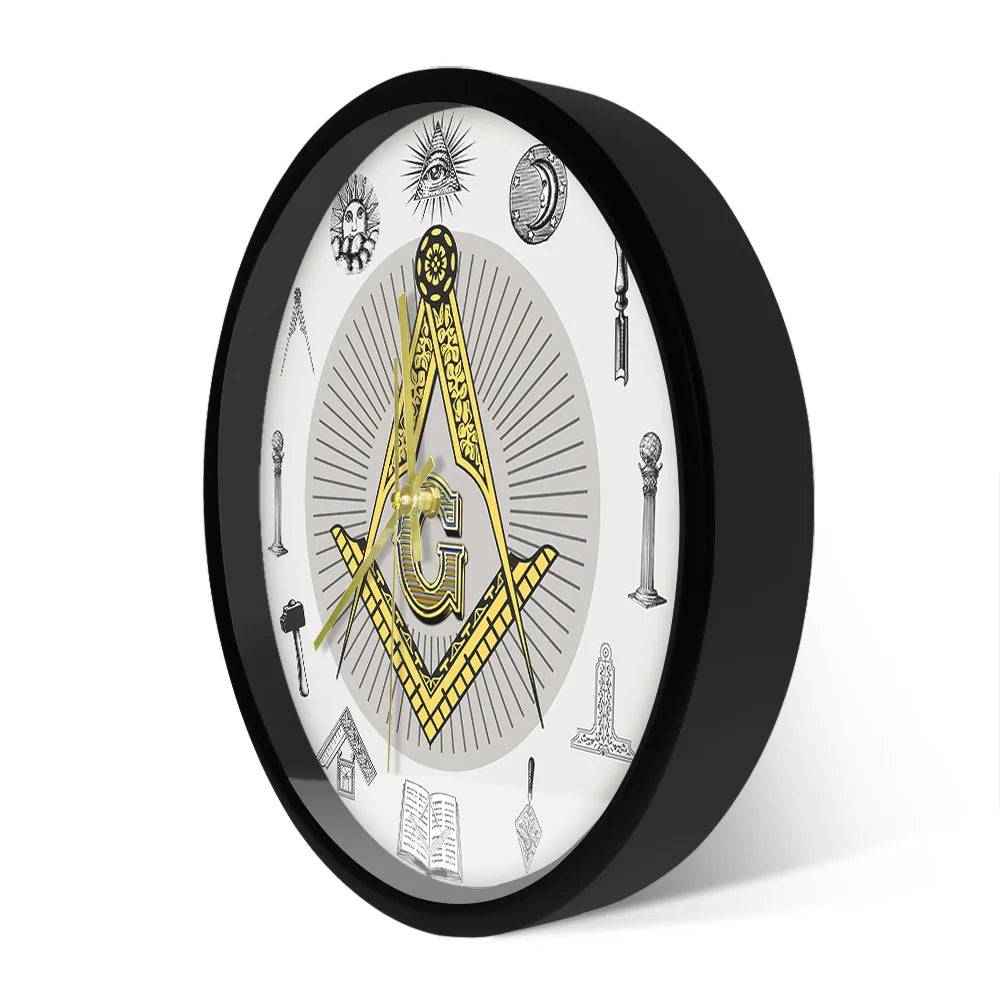 The Masonic Exchange White Square Compass Masonic Symbols Wall Clock Freemason Fancy Home Decor Clock Silent Quartz Wall Watch