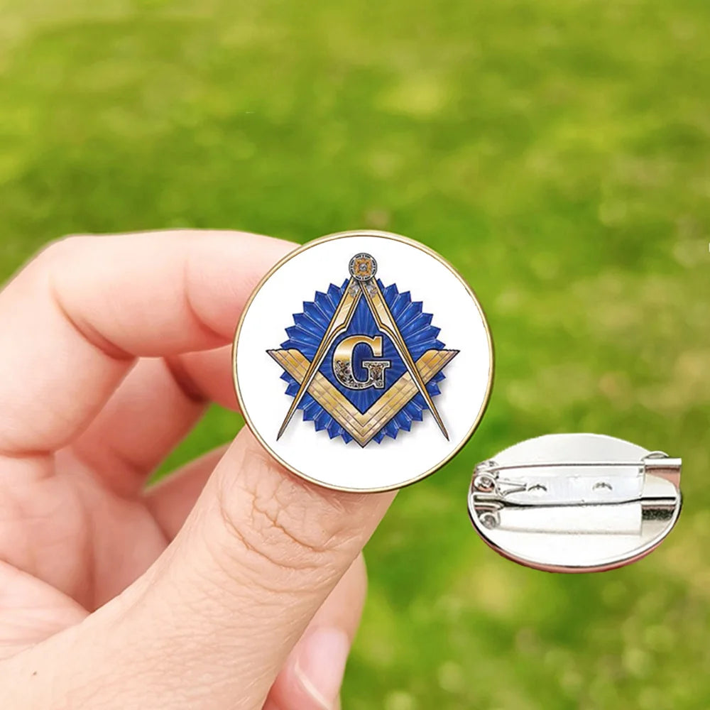 Masonic Pin Badge Glass Round Mason Freemason and Eye Photo Handmade Brooches for Men Women Accessories