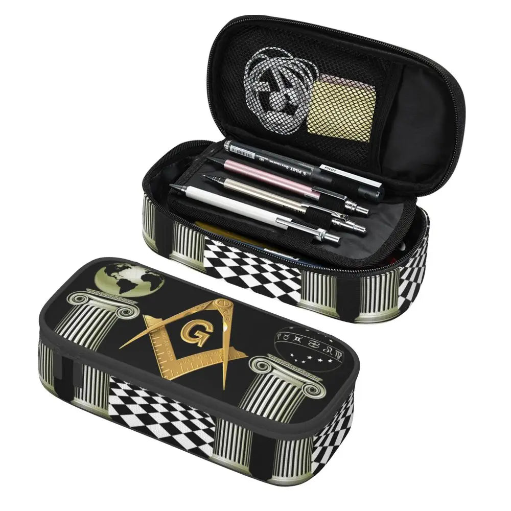 Custom Cute Gold Square Compass Masonic Freemason Pencil Cases for Freemasonry Mason Pencil Pouch School Accessories