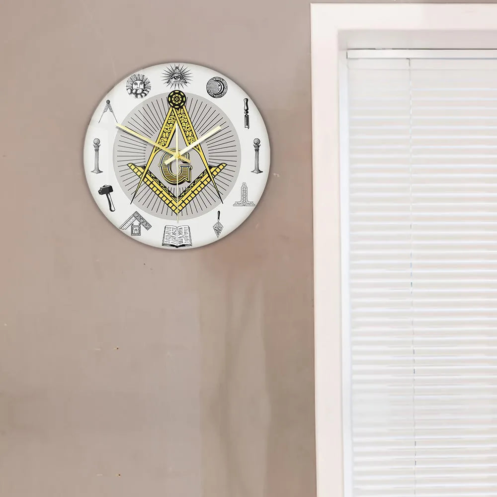 The Masonic Exchange White Square Compass Masonic Symbols Wall Clock Freemason Fancy Home Decor Clock Silent Quartz Wall Watch