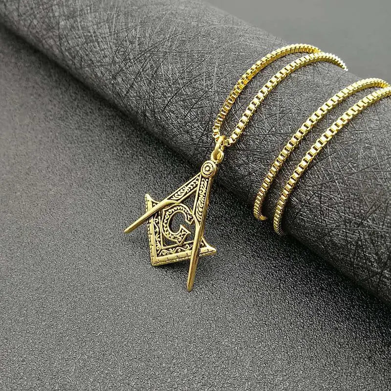 Men's Gold color Masonic Symbol Pendant Necklace 316L Stainless Steel Fashion Punk Retro Freemason Pendant