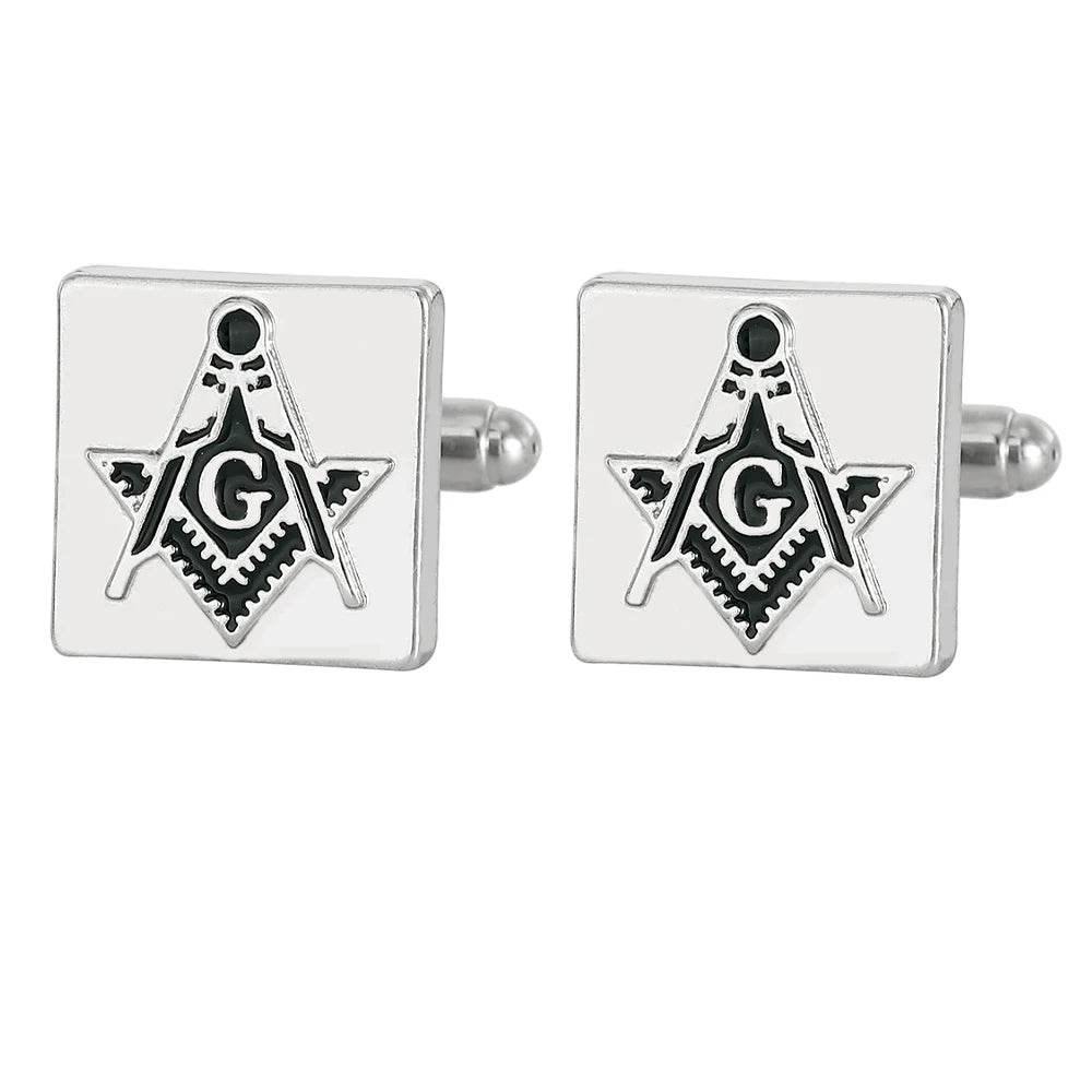 Classic Silvery Mens Masonic Symbols Pattern Square Cufflinks Red And Green Colors Freemason Emblem Round Sleeve Button