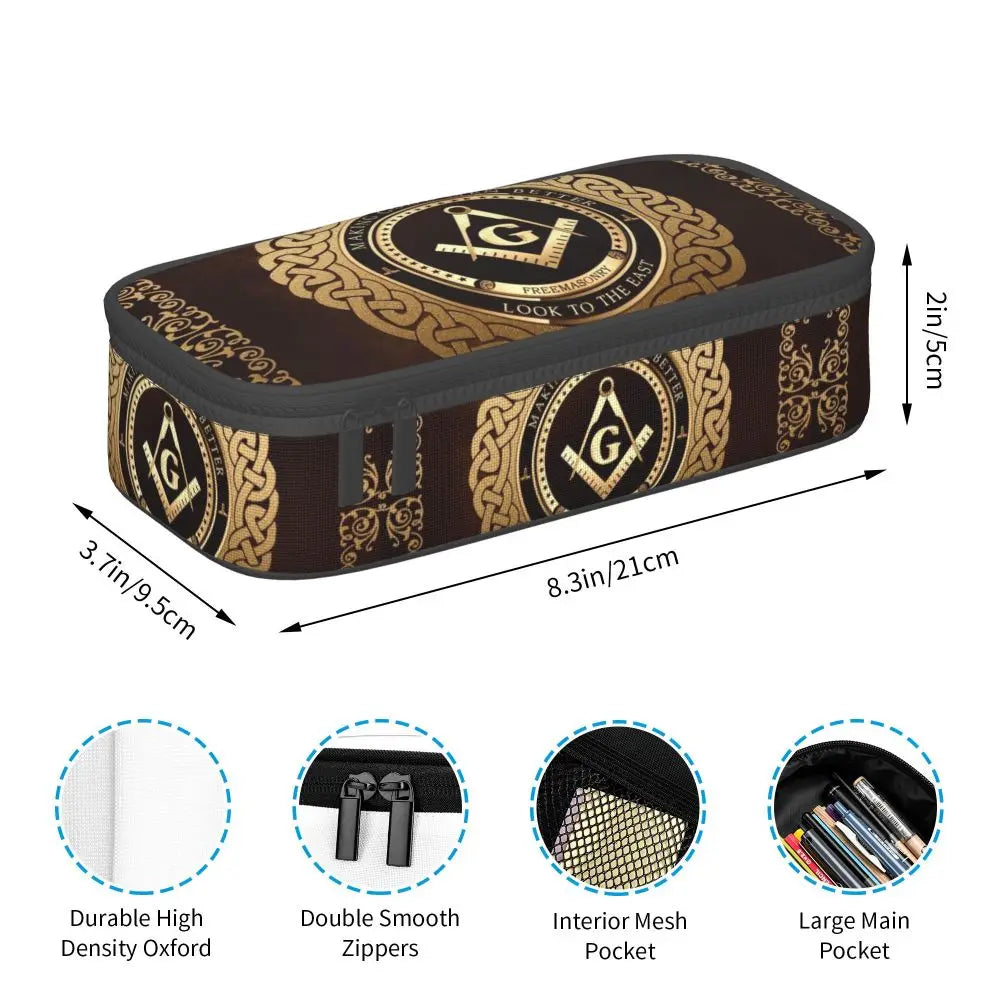 Custom Cute Gold Square Compass Masonic Freemason Pencil Cases for Freemasonry Mason Pencil Pouch School Accessories